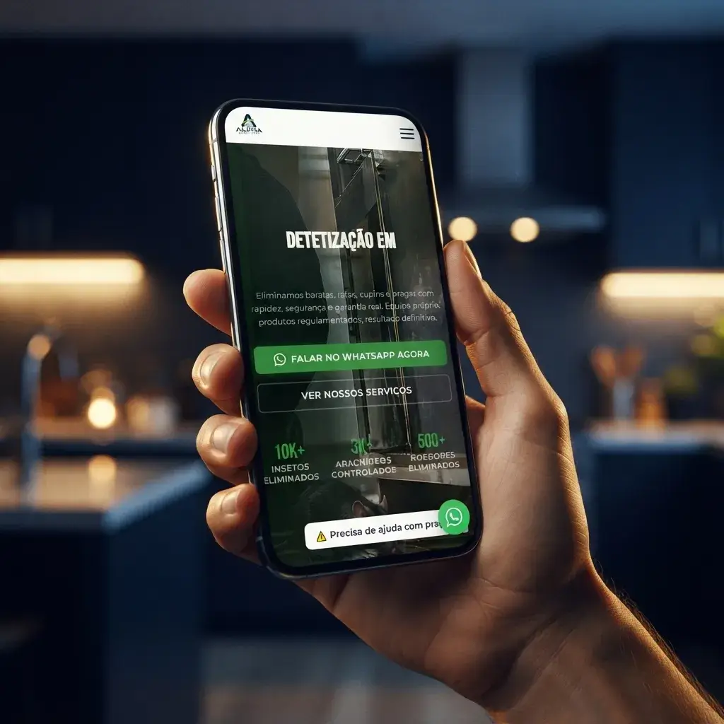 Versão mobile do site de Alpha Dedetização em uso