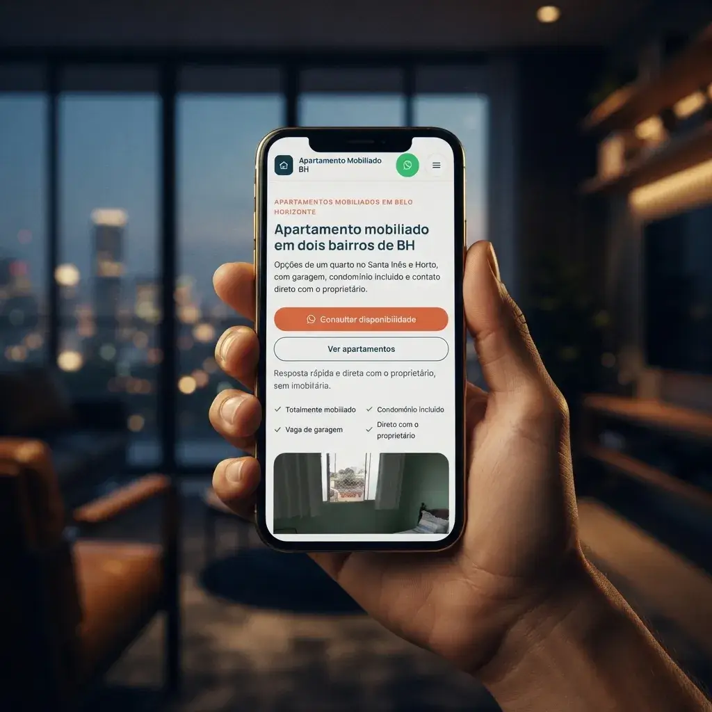 Versão mobile do site de Apartamento Mobiliado BH em uso
