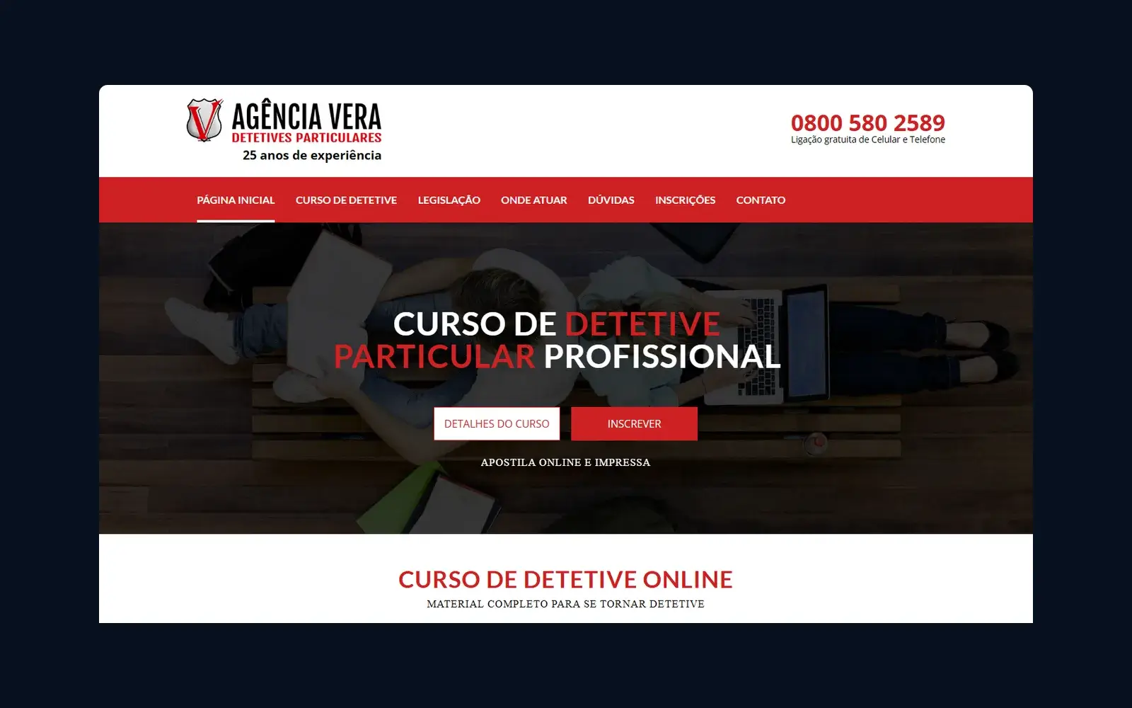 Site de Curso de Detetive em janela de navegador