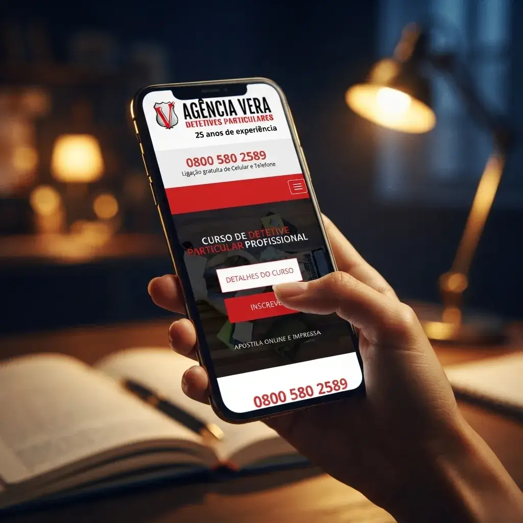 Versão mobile do site de Curso de Detetive em uso