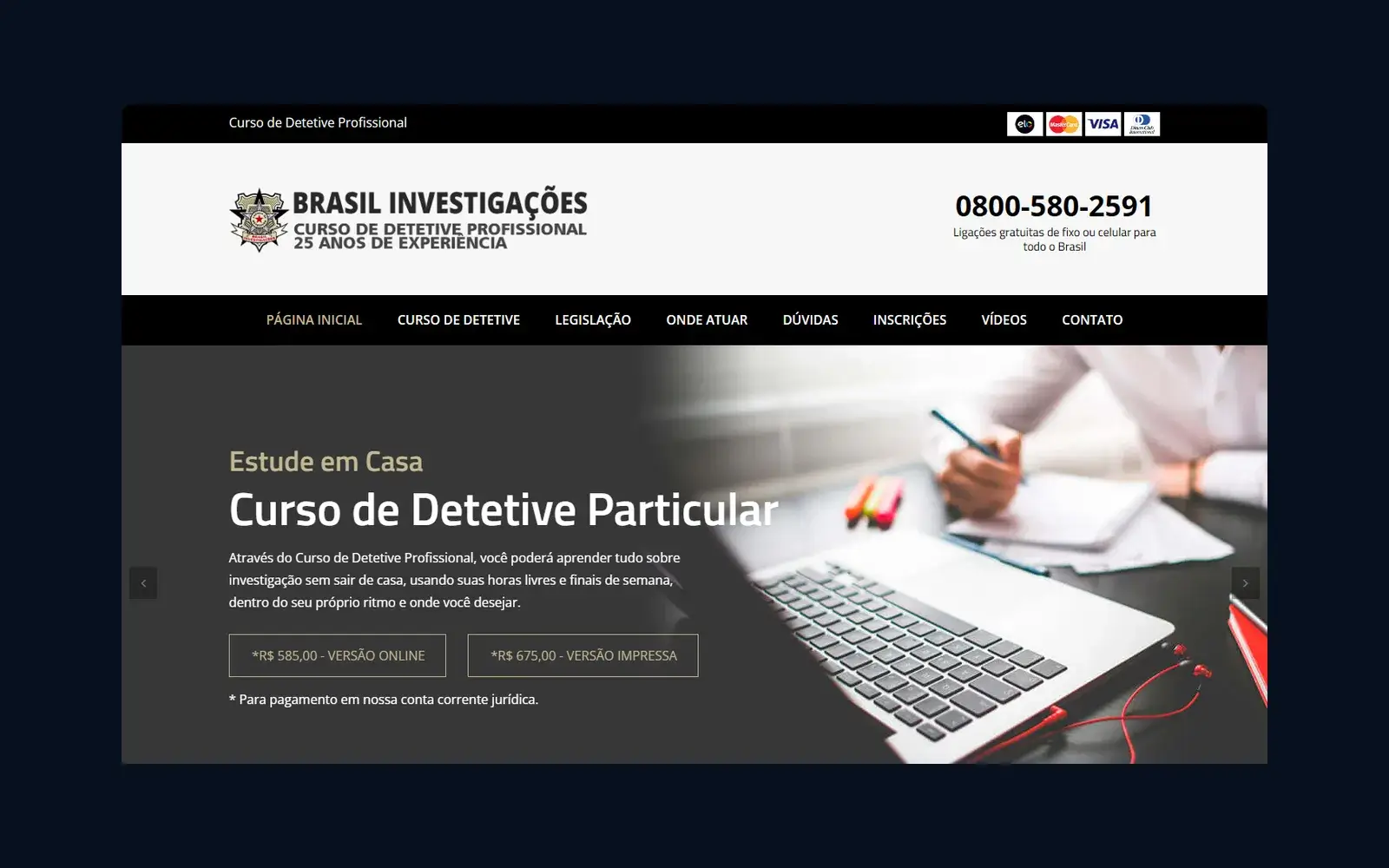 Site de Curso Detetive Online em janela de navegador