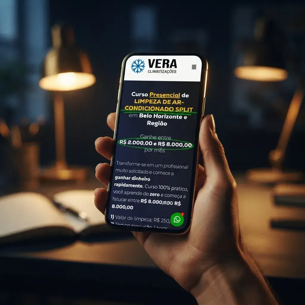 Versão mobile do site de Curso Limpeza de Ar-Condicionado em uso