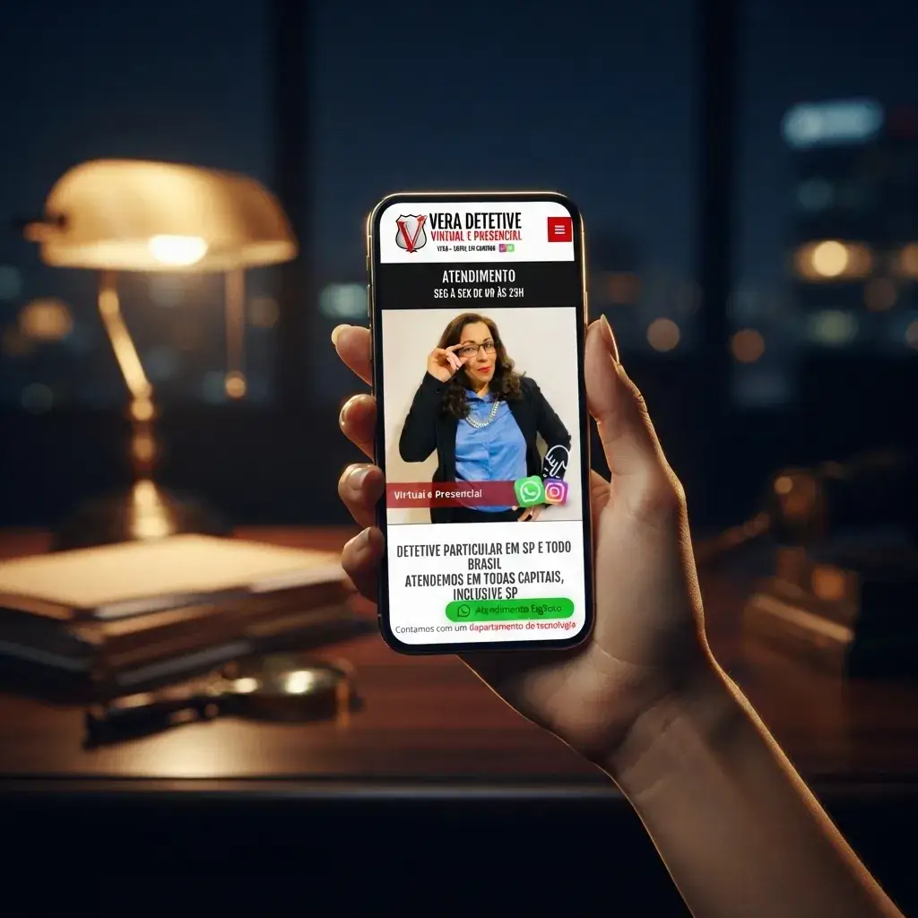 Versão mobile do site de Vera Detetive Particular em uso