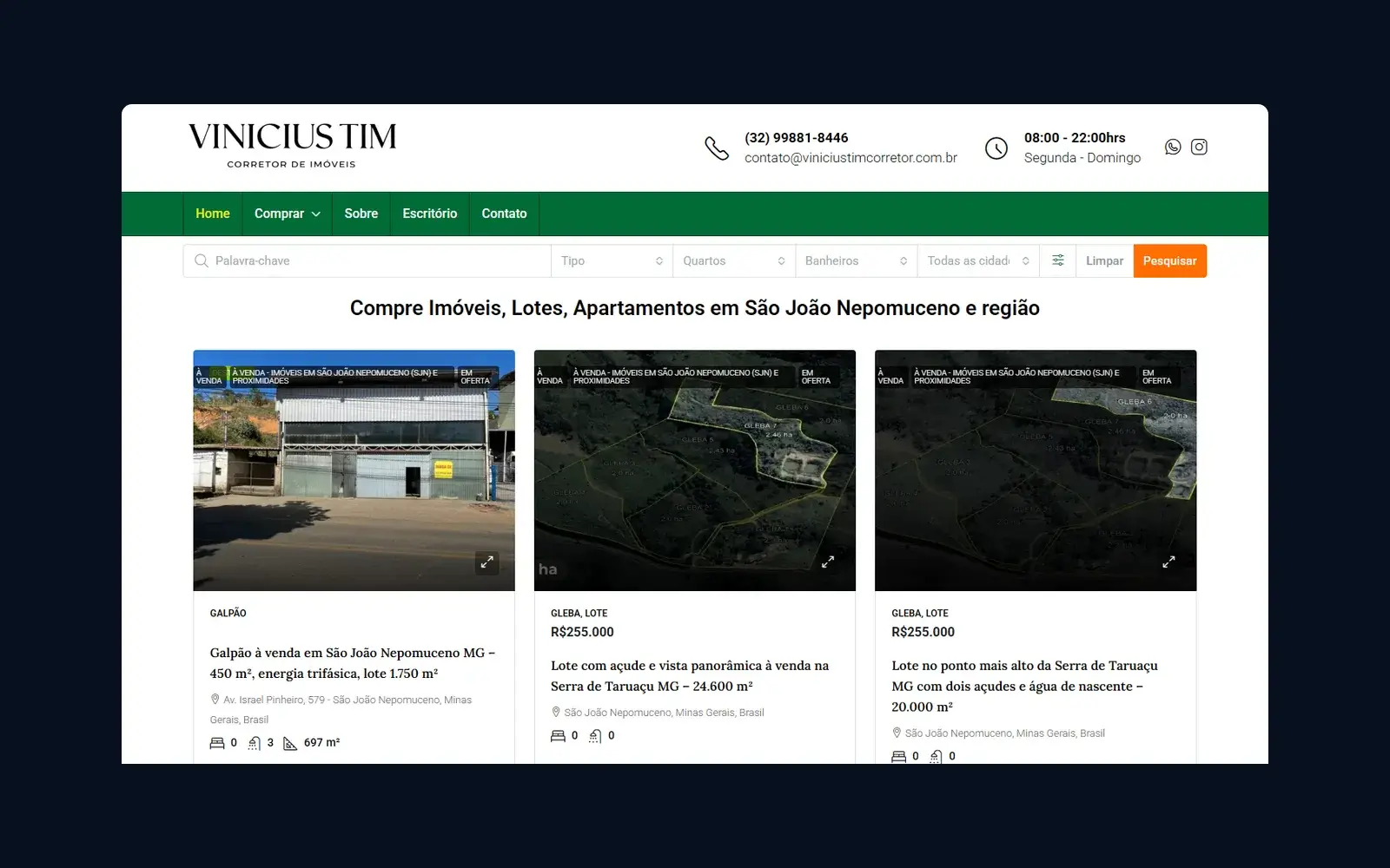 Site de Vinícius Tim Corretor em janela de navegador