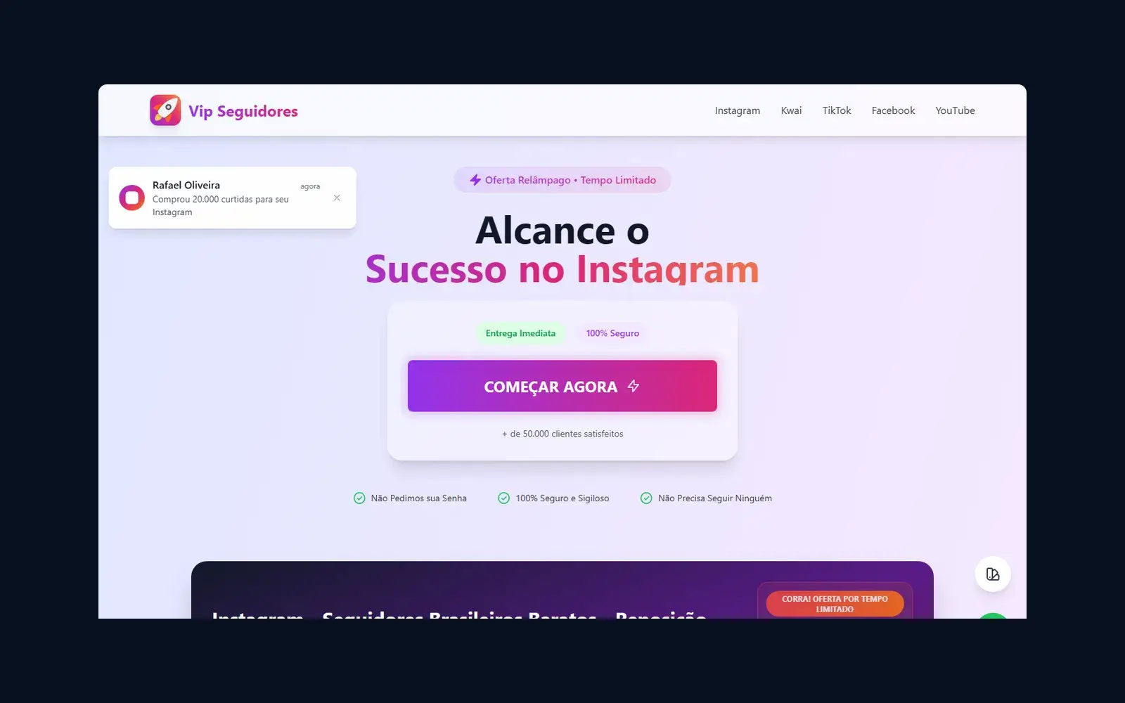 Site de VIP Seguidores em janela de navegador